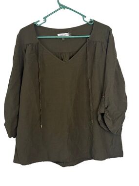 Calvin Klein Olive Green V-Neck Tie-Front Linen Blend 3/4 Sleeve Blouse